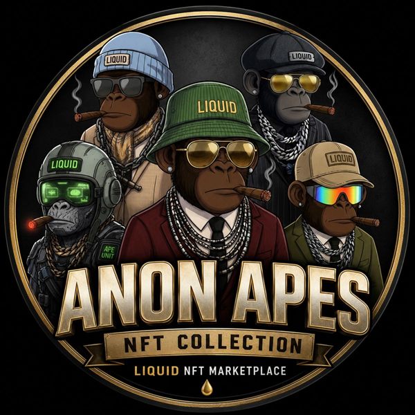Anon Apes badge: six apes in caps, chains and sunglasses inside a gold ring