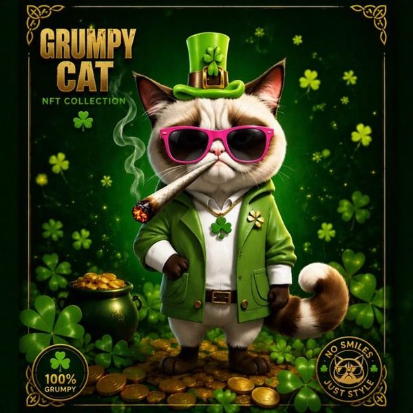 Grumpy Cat in a green St. Patrick's Day suit and leprechaun hat, with pink sunglasses, a cigar and a pot of gold