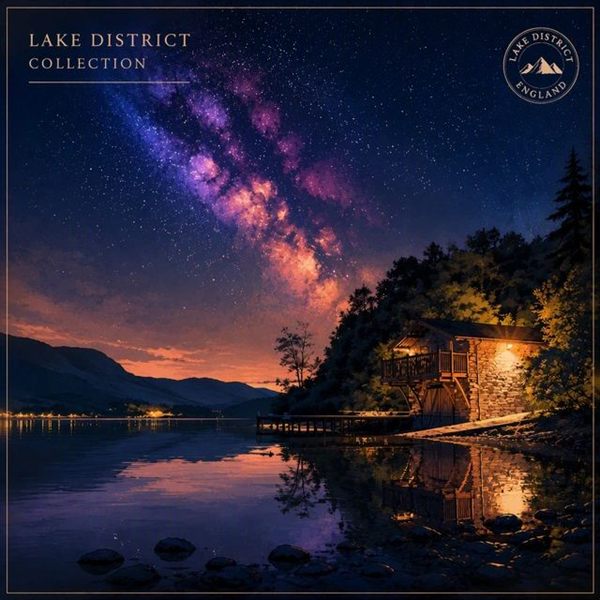 Lake District collection cover: the Milky Way over a still lake and a lit cottage at night
