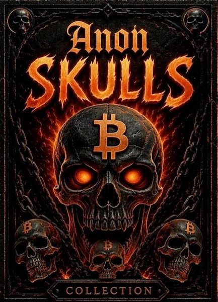 Anon Skulls poster: a fiery skull with a Bitcoin symbol on its forehead and glowing orange eyes
