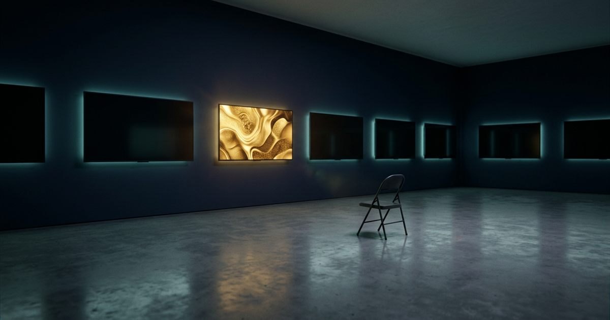 An empty art gallery at night with dark navy walls and blank glowing teal display screens, one screen still lit with warm gold light showing an abstract digital artwork