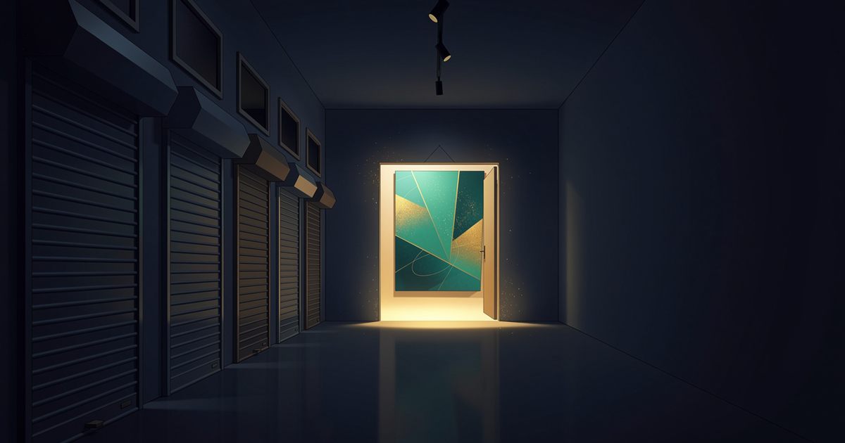Illustration of a dark gallery corridor with shuttered stalls and one lit doorway showing a teal and gold painting