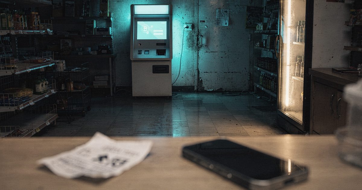 A lone bitcoin ATM glowing in the corner of a dim convenience store at night, a crumpled paper receipt and a phone lying on the counter beside it