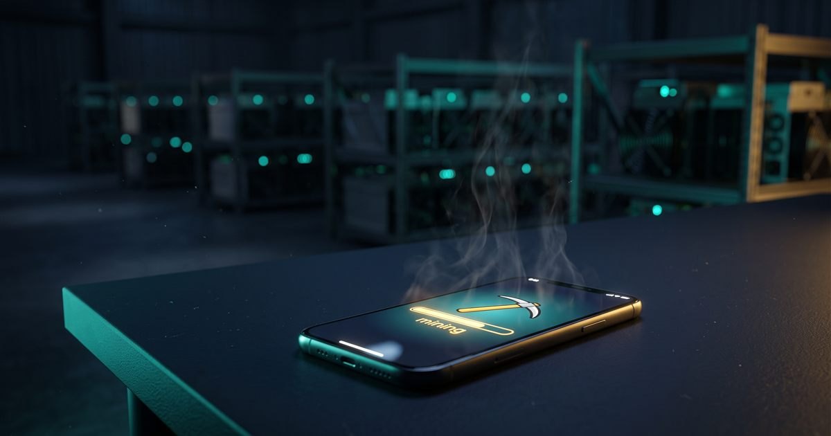 A smartphone showing a mining progress bar and a gold pickaxe, hot and steaming, in front of rows of industrial Bitcoin mining machines