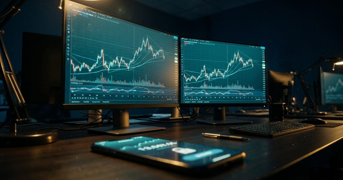 Two trading screens side by side showing almost identical price charts with a tiny gap between them, while a phone in the foreground shows a glowing bot dashboard with a padlock over the withdraw button