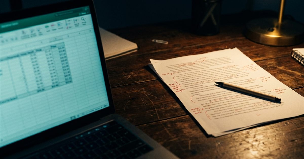 A laptop on a dark desk showing a blurred spreadsheet-style price list of websites, beside a printed article draft covered in an editor's pen marks, lit by teal screen glow and a gold desk lamp