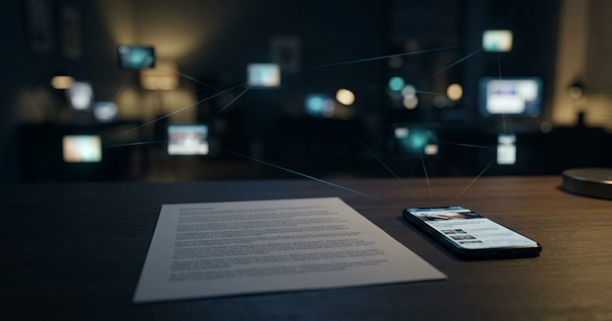 A printed press release lying on a dark wooden desk beside a smartphone showing a scrolling news feed, lit by a teal screen glow and a warm gold desk lamp