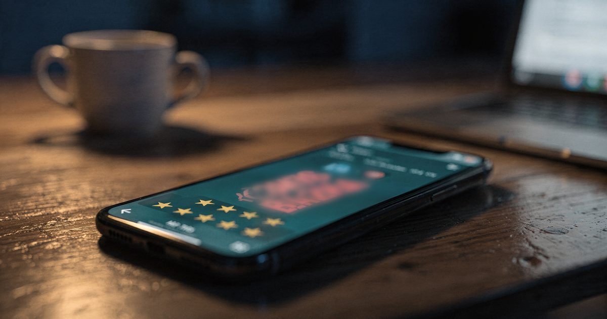 A smartphone on a kitchen table at night showing a task app with a row of star ratings and a red negative balance, a coffee mug and a laptop in soft shadow behind it