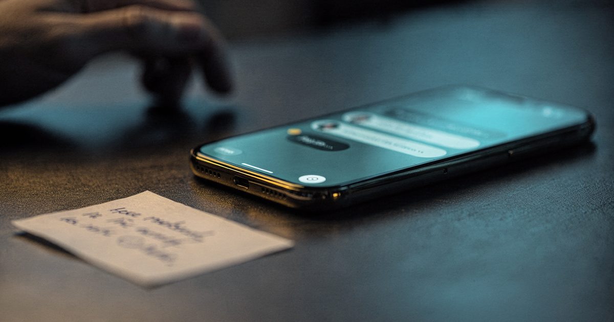 A phone on a dark desk showing a chat window with a friendly support headset icon, a paper with blurred recovery words beside it and a shadowy hand reaching in from the edge of frame