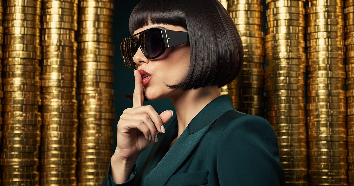 A woman with a sharp bob haircut and sunglasses holding a finger to her lips in front of a wall of gold coins, with a shh gesture