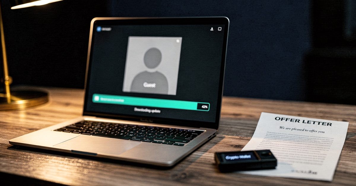 A laptop on a dark desk at night showing a blurred video-call window with an empty participant tile, a glowing download progress bar on screen and a hardware wallet resting beside the keyboard