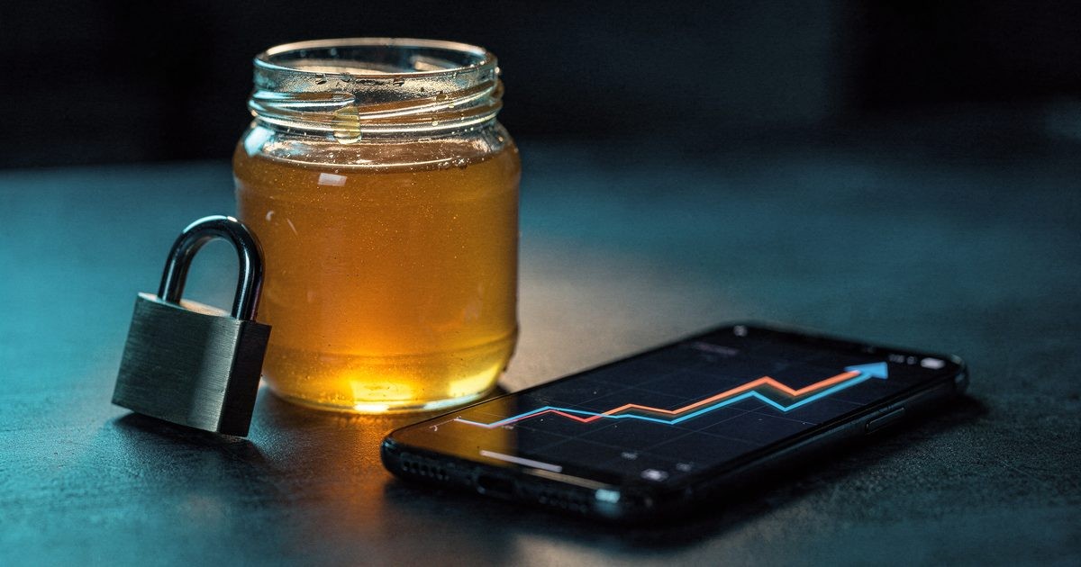 A smartphone on a dark desk showing a generic trading chart climbing in a steep line, a glass jar of golden honey beside it with a small metal padlock resting against the jar