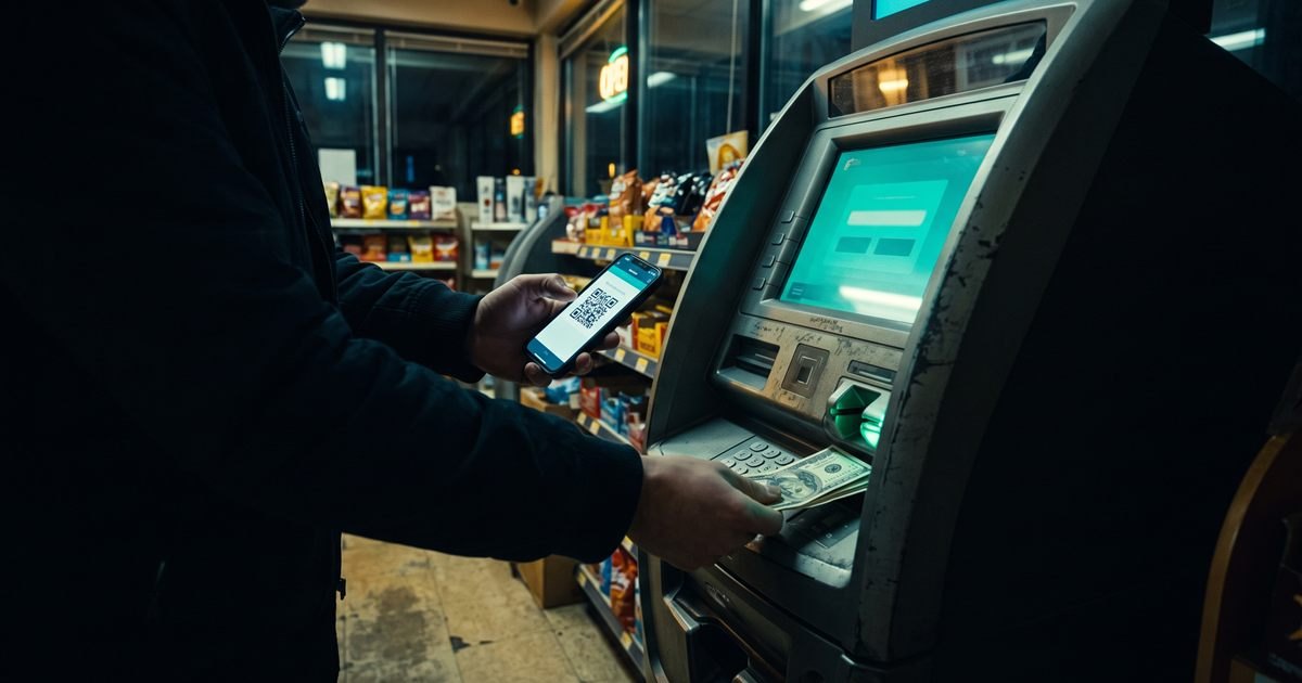 A person feeding US dollar bills into a Bitcoin ATM in a convenience store at night while holding up a phone showing a QR code