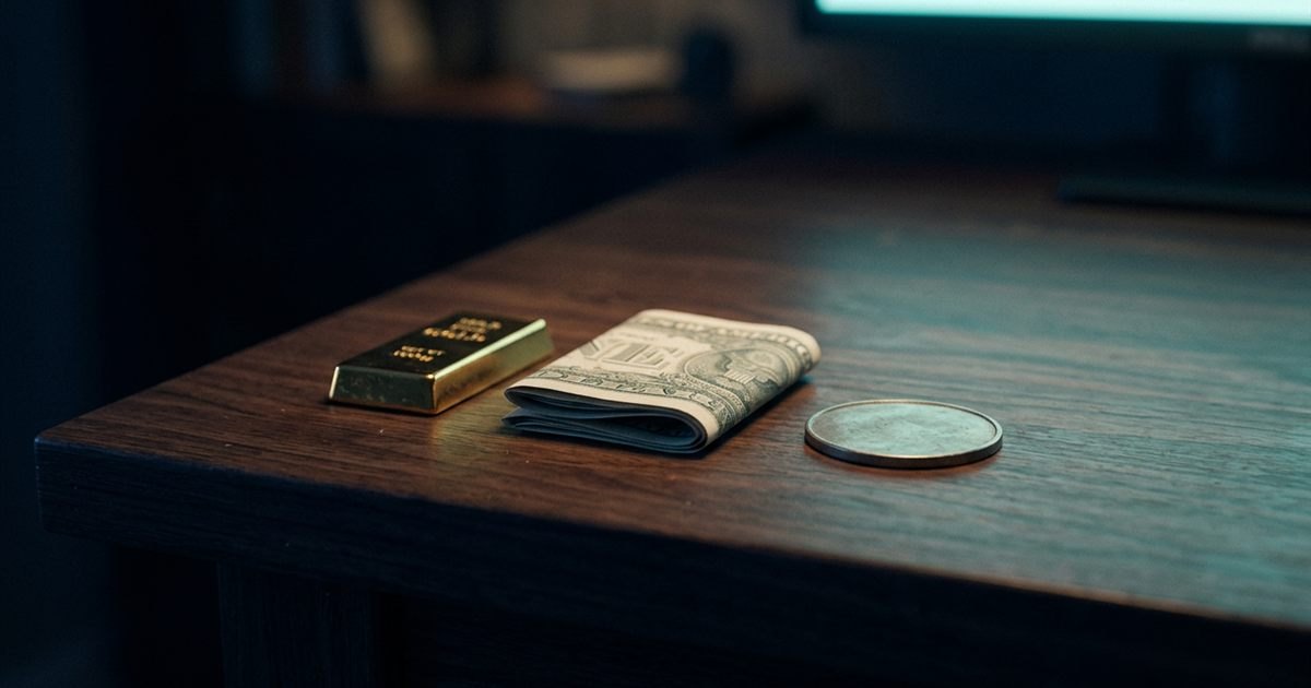 A single physical-looking bitcoin-style coin with no logo resting between a small gold bar and a folded US dollar bill on a dark desk, lit by a teal screen glow