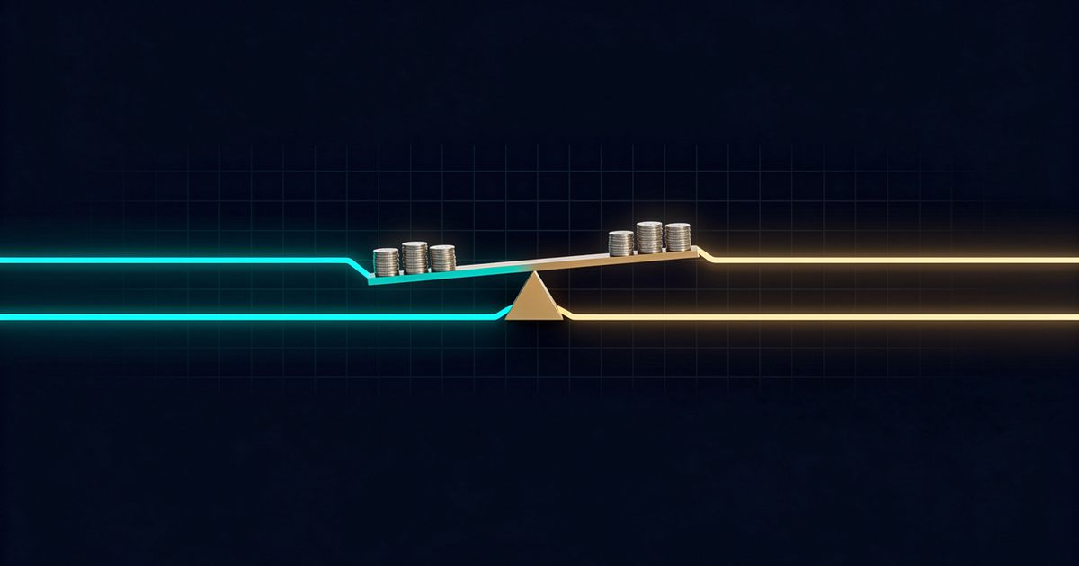 A seesaw balancing a teal price line and a gold price line, with stacks of coins on each end