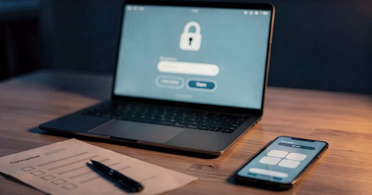 A laptop on a desk at dusk showing a generic account sign-up screen with a padlock icon, a phone beside it displaying an authenticator code, and a printed checklist with a pen in warm lamp light