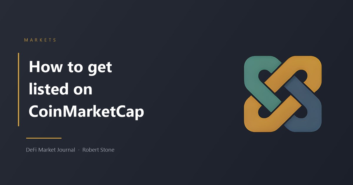 Title card reading How to get listed on CoinMarketCap, with the DeFi Market Journal knot logo