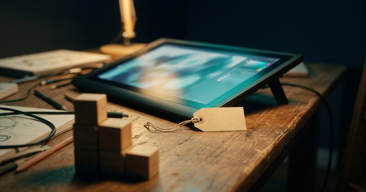 An artist's desk at night with a drawing tablet showing a blurred digital painting, a small price tag lying beside it, and three wooden blocks stacked like steps under a warm gold lamp