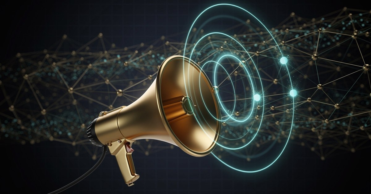 Illustration of a gold megaphone sending teal sound rings into a network of connected nodes