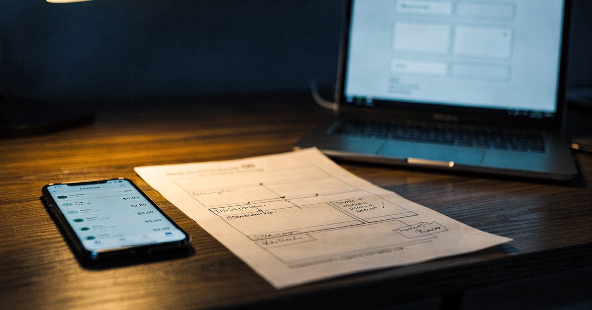 A desk with a printed timeline, a phone showing a transaction list with blurred numbers and a laptop open to a blank complaint form, lit by a warm desk lamp