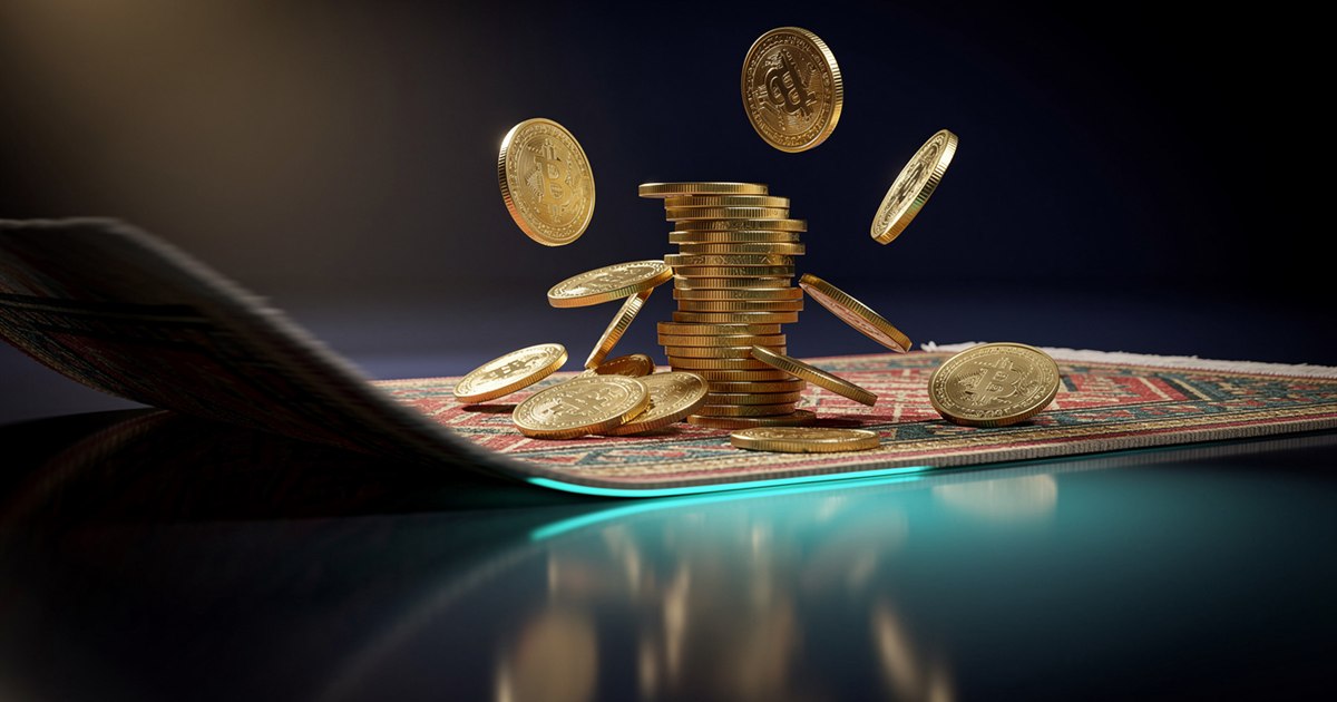 Ilustración de una alfombra que se desliza bajo una pila de monedas de oro que caen