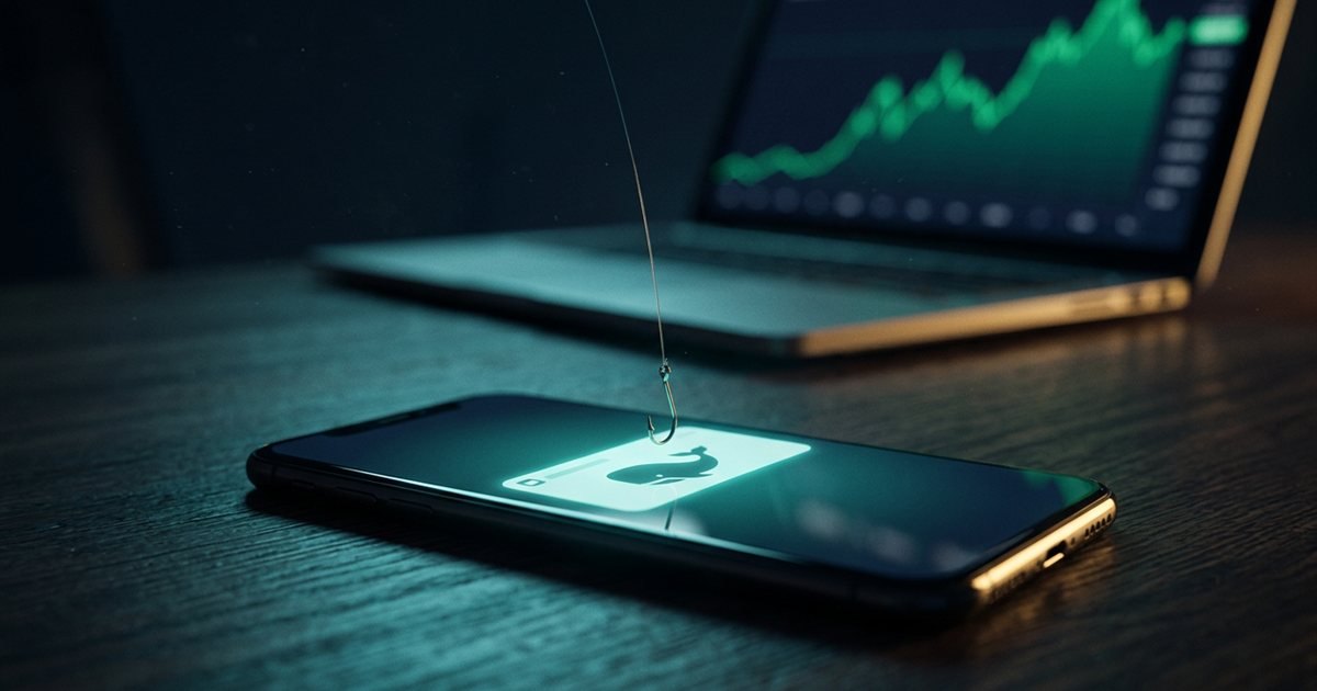 A phone on a dark desk showing a glowing alert notification with a whale-shaped silhouette, while a fishing hook hangs just above the screen