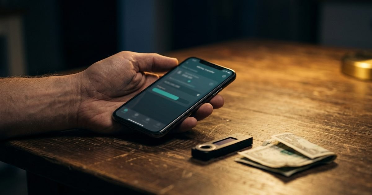 A person at a kitchen table at night holding a phone that shows a bank transfer screen, a small hardware wallet and a folded bank statement beside a laptop