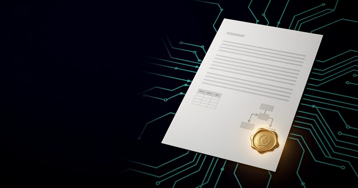 Illustration of a document with a gold seal and teal circuit lines on a dark background