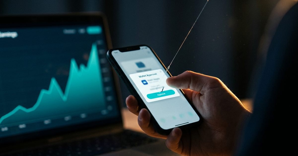 A hand holding a phone showing a wallet approval pop-up while a thin fishing line pulls the phone upward, an earnings chart glowing on a laptop behind