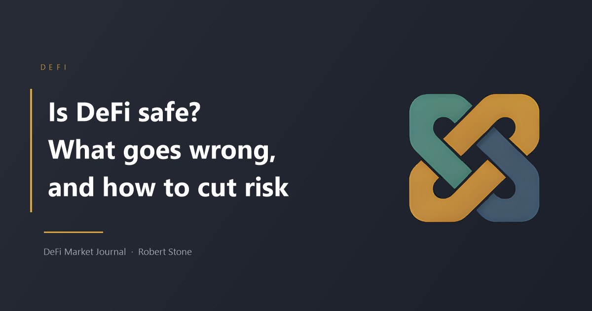 Title card reading Is DeFi safe, with the DeFi Market Journal knot logo