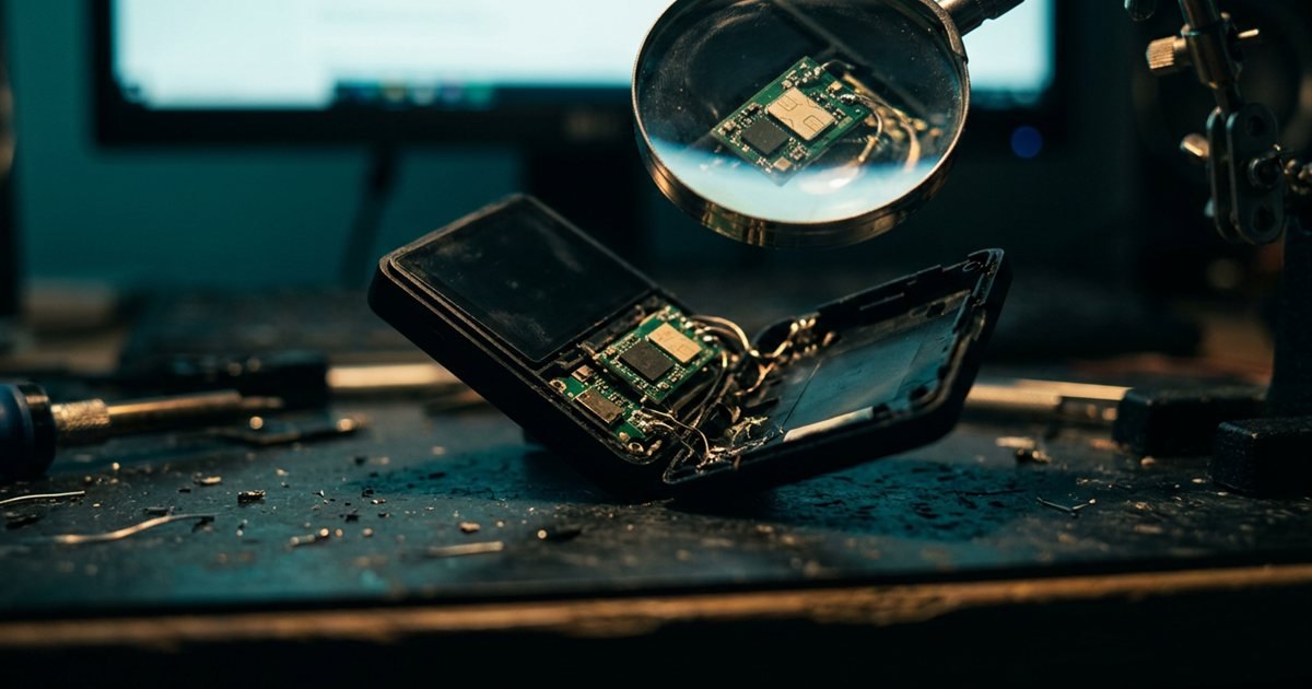 A hardware wallet lying open on a dark workbench under a magnifying lens, a tiny extra circuit board with a SIM chip visible inside its case, teal light from a nearby screen