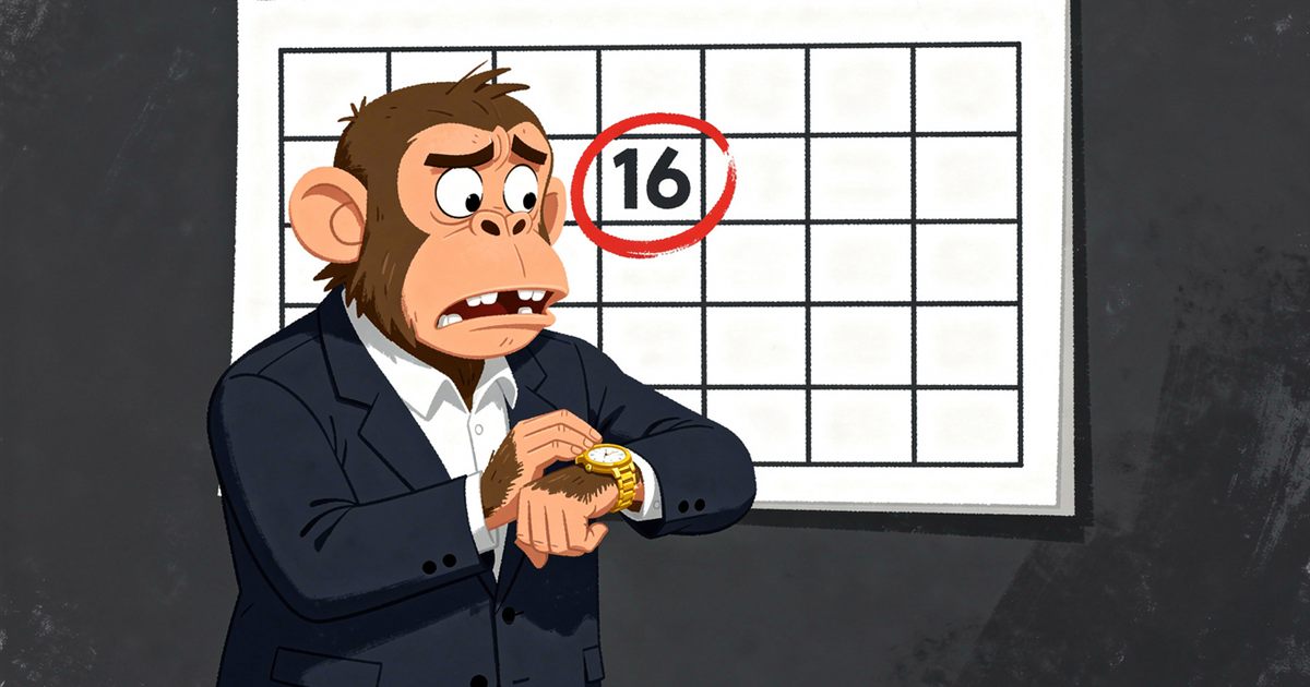 A cartoon ape in a suit checking a wristwatch, with a calendar behind it circled on the 16th