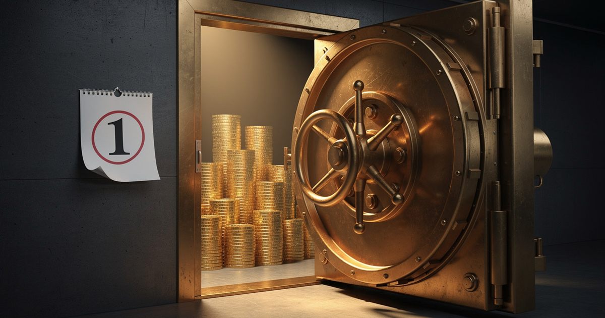 A brass vault door opening onto a stack of gold coins, with a calendar page marked the 1st on the wall beside it