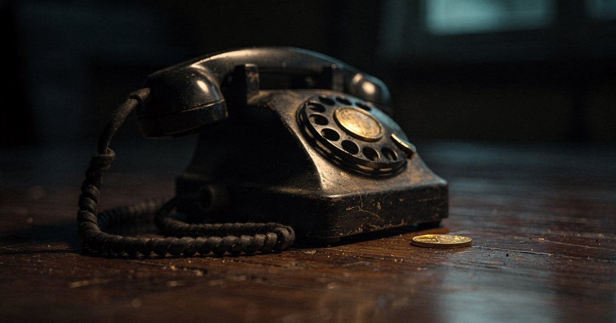 An old black rotary telephone on a dark wooden table at night, a single gold coin lying beside it