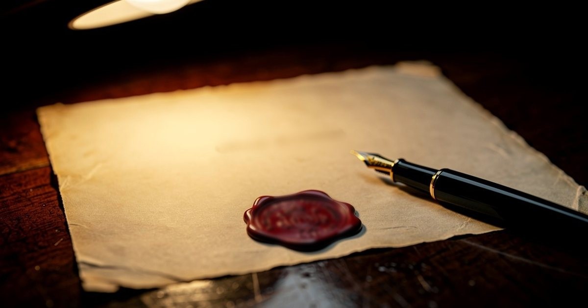 A red wax seal stamped on an old paper certificate on a dark desk, a fountain pen beside it, lit by a single lamp