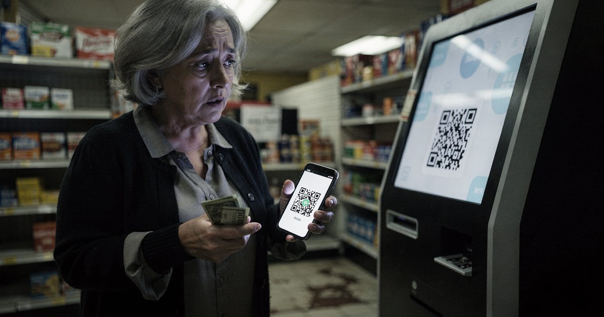 A worried older woman at a Bitcoin ATM in a store, holding cash and a phone showing a QR code