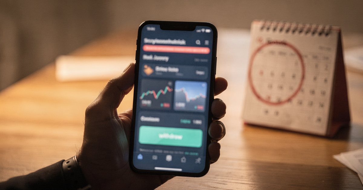 A hand holding a phone with a crypto exchange app open next to a desk calendar with one date circled in red