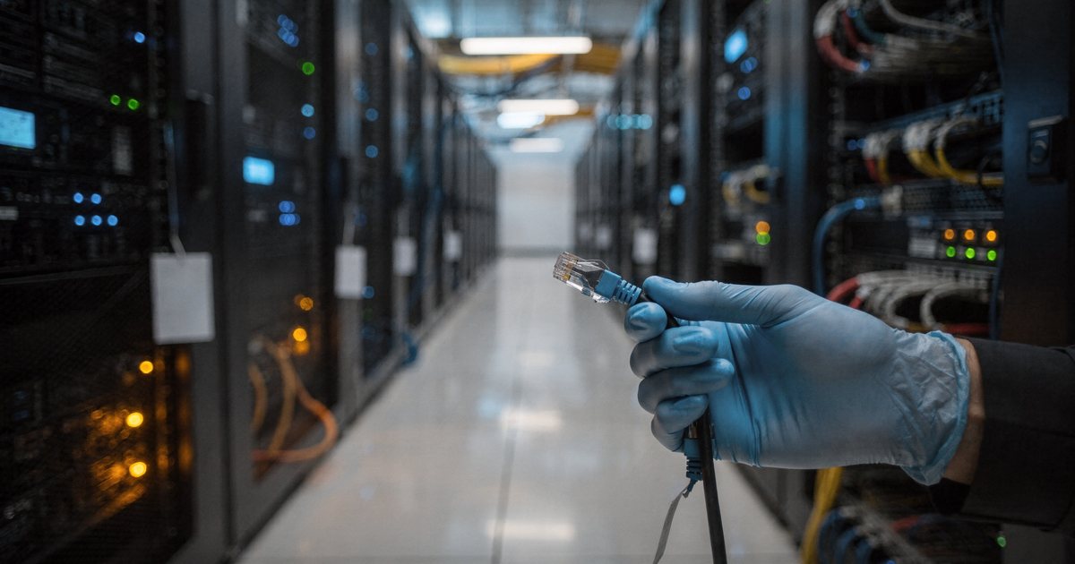 A gloved investigator holding a disconnected network cable in a data center aisle, server racks dark with evidence tags