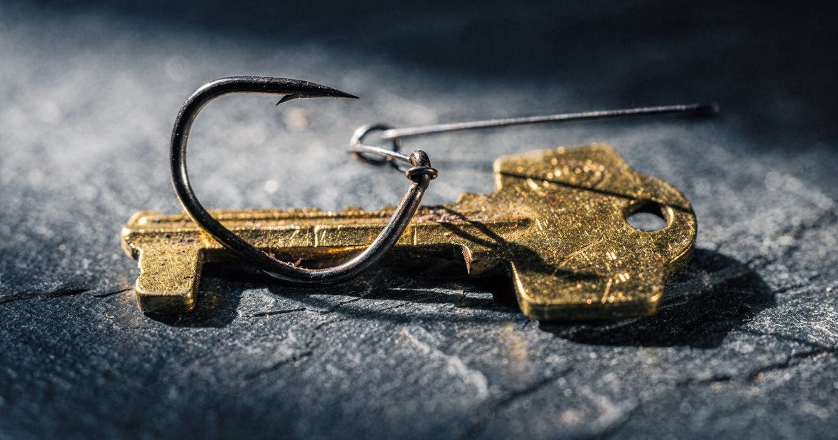 A steel fishing hook resting on a small brass key on dark slate stone, lit from the side