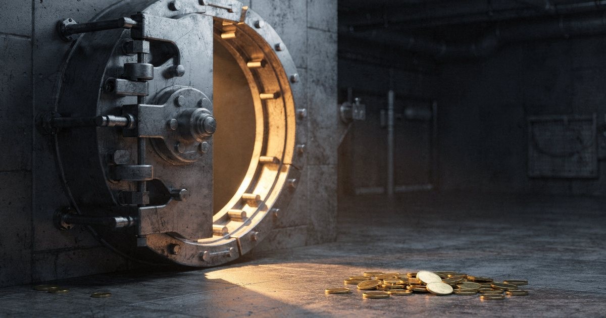 A heavy steel vault door standing open in a dark concrete room, a small pile of gold coins on the floor