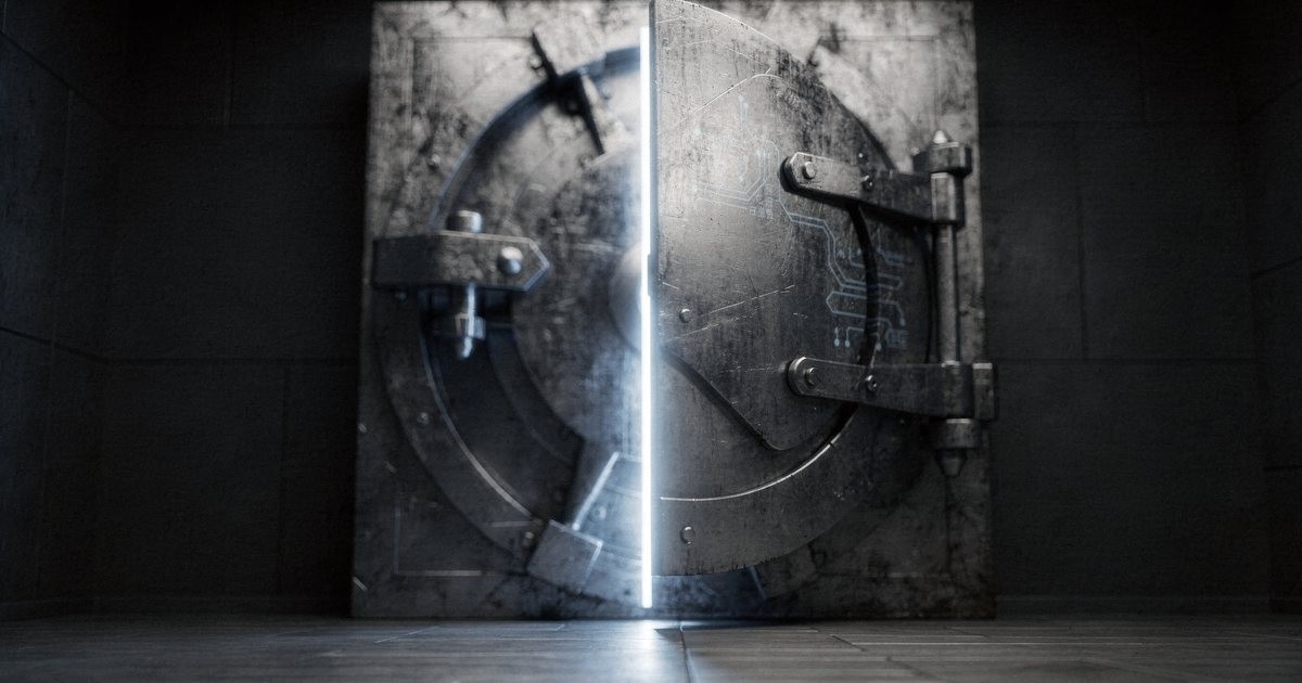 A heavy old bank vault door in a dark room, lit by a thin line of cold light along its edge
