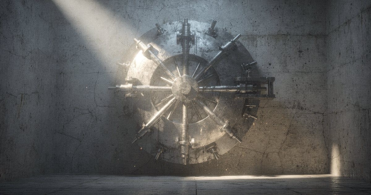 A heavy steel vault door, closed and locked, in a dim concrete room with a single shaft of light across it