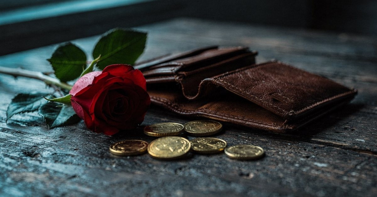 A single red rose on a dark wooden table beside an open empty leather wallet, a few gold coins on the table
