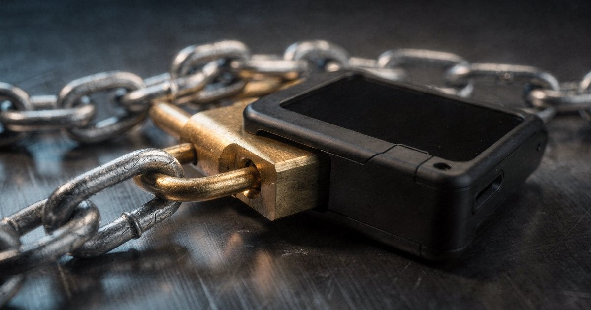 A hardware crypto wallet locked with a heavy chain and a brass padlock on a dark metal table