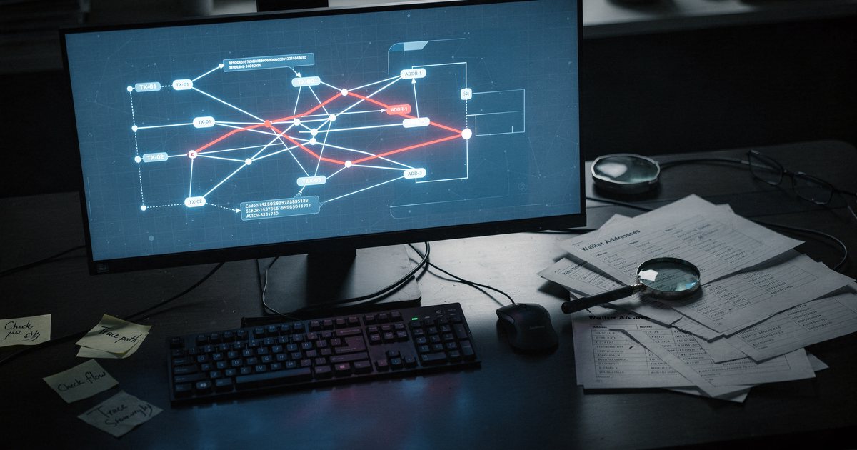 An investigator's desk with a monitor showing a blockchain transaction graph with red highlighted paths