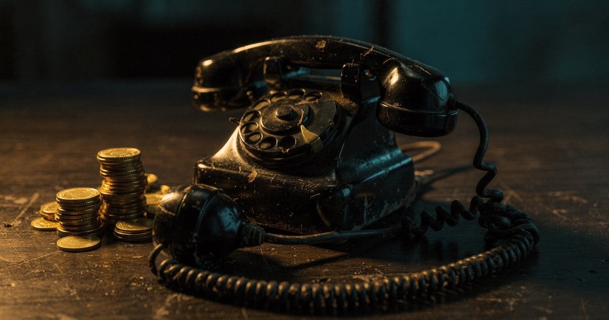 An old black rotary telephone on a dark wooden table, its coiled cord loose, stacks of gold coins beside it, lit from the side