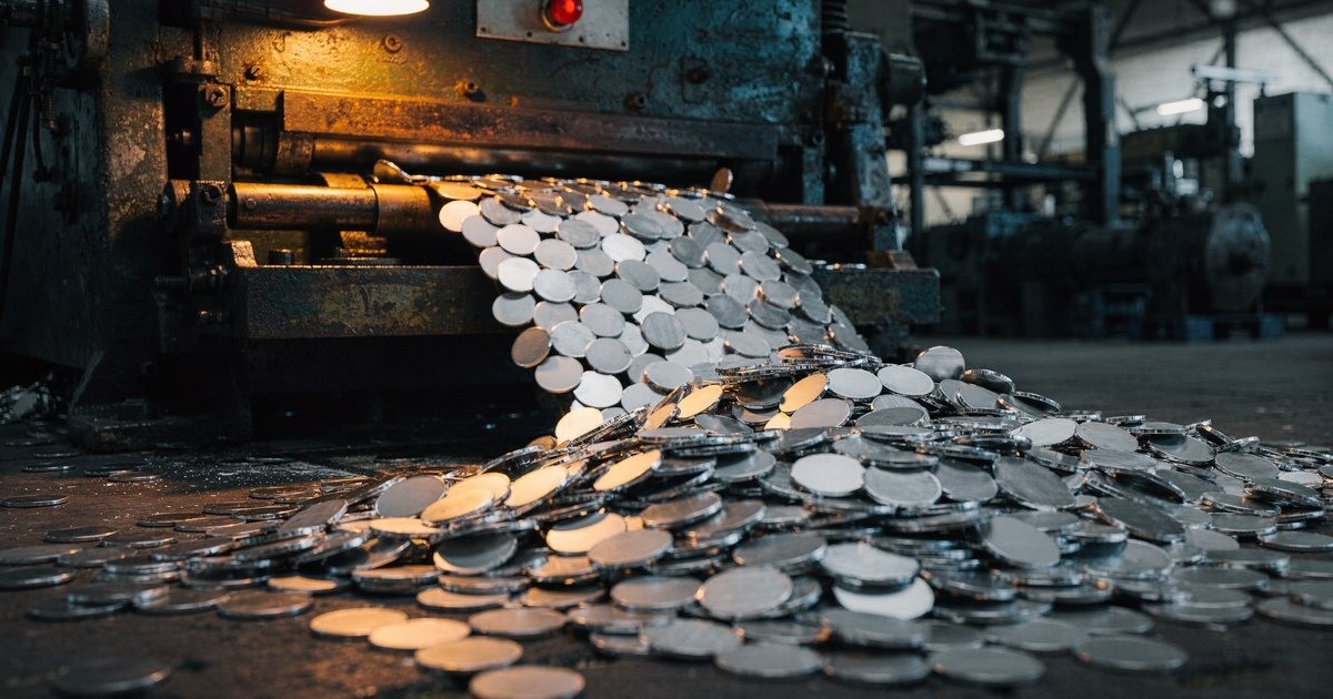 An old coin press spilling a stream of blank metal discs across a dark workshop floor under a red emergency light