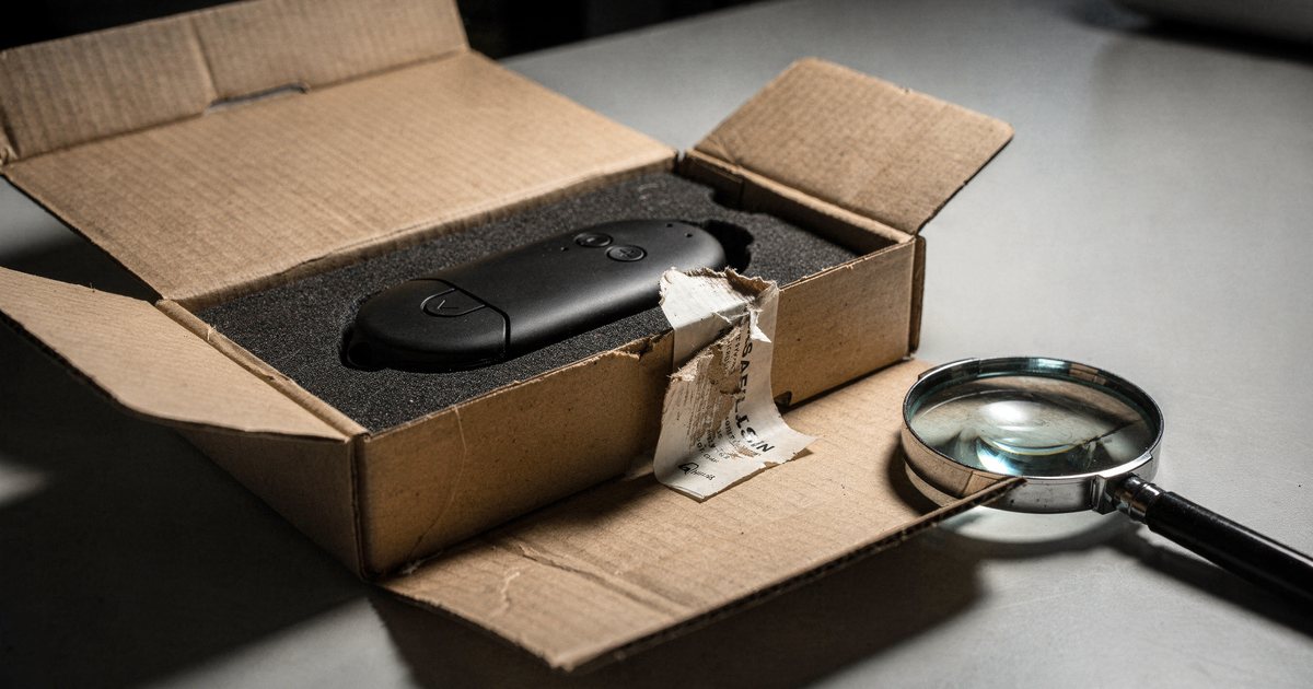 An opened shipping box holding a black hardware wallet with a torn security seal, a magnifying glass beside it