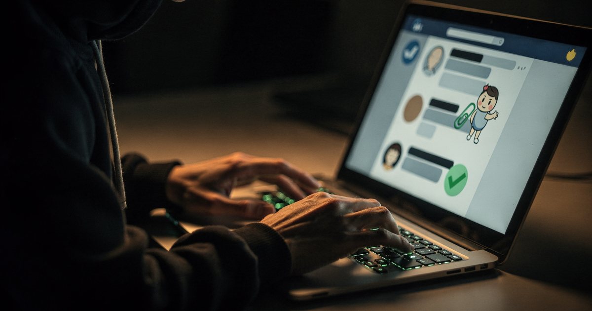 Hands typing on a laptop in a dark room, the screen showing a social feed with a verified badge and a paperclip mascot