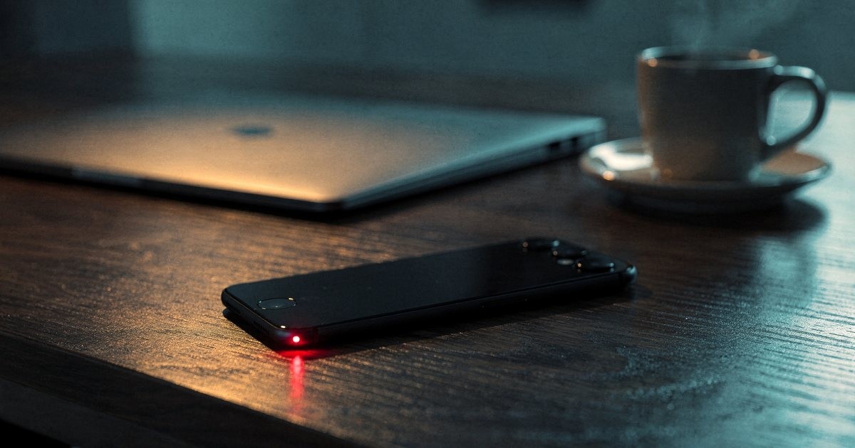 A smartphone lying face down on a dark desk at night, a red notification light glowing on the wood